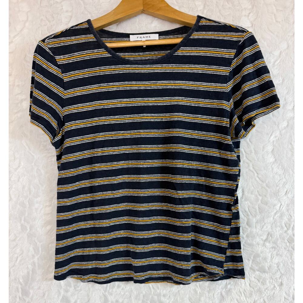 FRAME 100% Linen Short Sleeve Baby T-Shirt Navy Yellow Multi Stripe Large